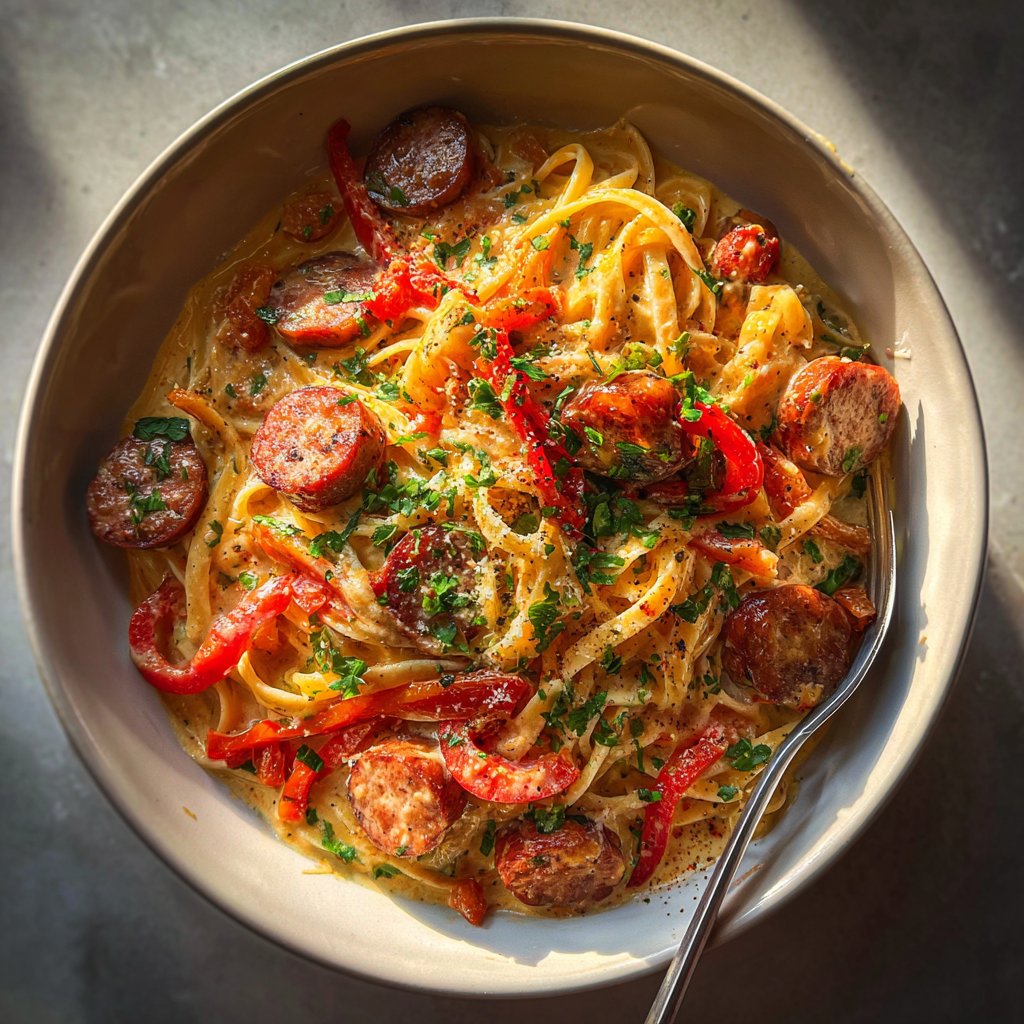 One Pot Lighter Cajun Sausage Pasta